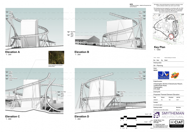 Project Amazon shuttle coaster termination points plan, showing half loop at one end and spiral around a main theming structure at the other.